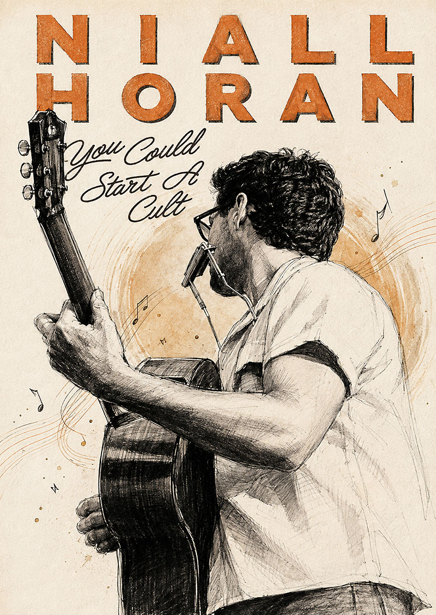 Detailed illustrative pop art of Niall Horan playing acoustic guitar and harmonica with text You Could Start A Cult